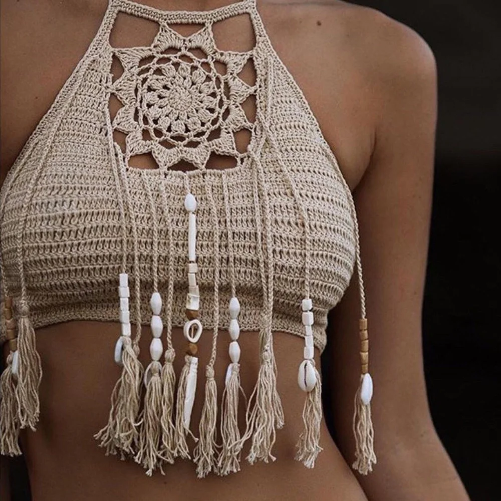 Bohemian Crochet Tassel Beaded Floral Crop Top - Picture 1 of 16